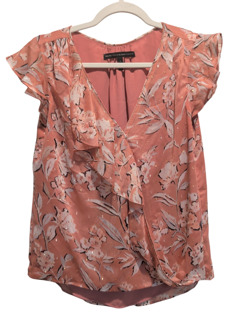White House Black Market Coral Pink Floral Ruffle Wrap Blouse (#D228)
